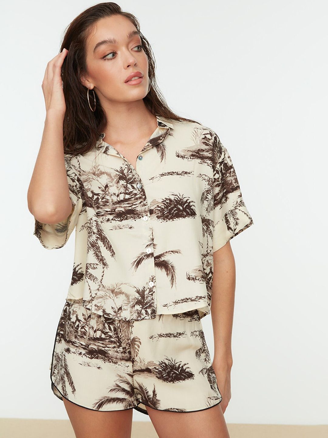 Trendyol Women Off White & Brown Printed Night suit Price in India