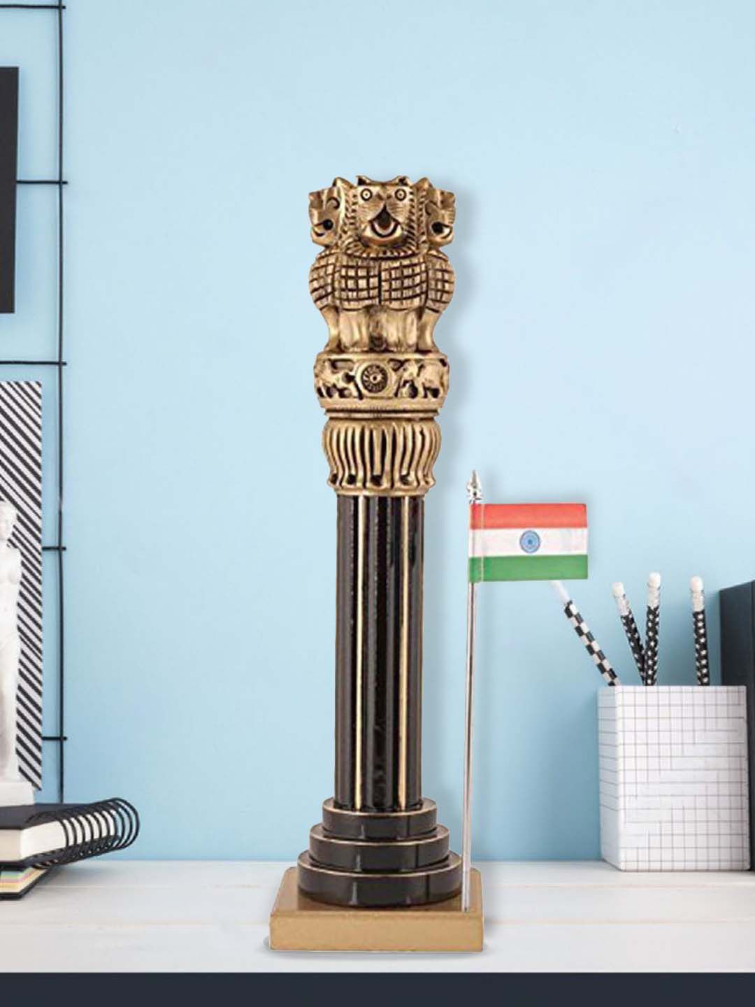 CraftVatika Gold-Toned & Black Wood Ashoka Stambh Showpiece Price in India
