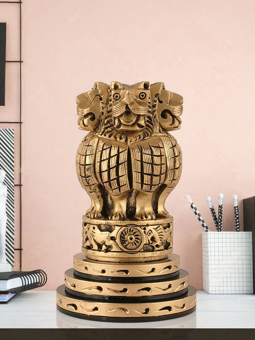 CraftVatika Gold Wooden Ashoka Stambh Statue Showpiece Price in India