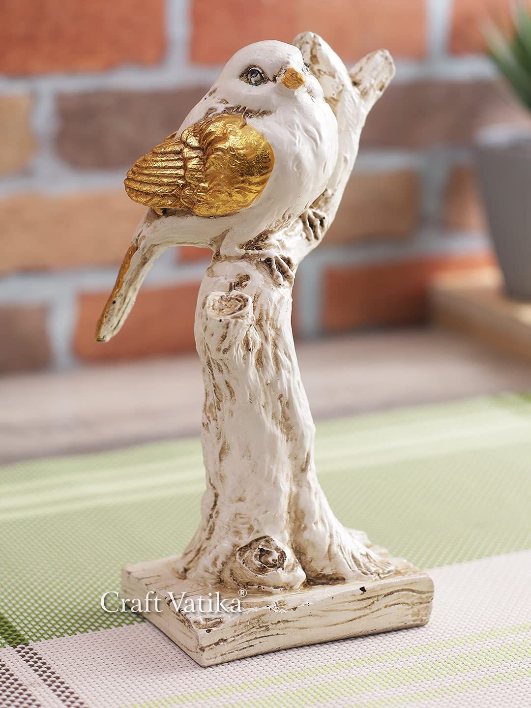 CraftVatika White & Gold Sparrow Bird On Tree Showpiece Price in India