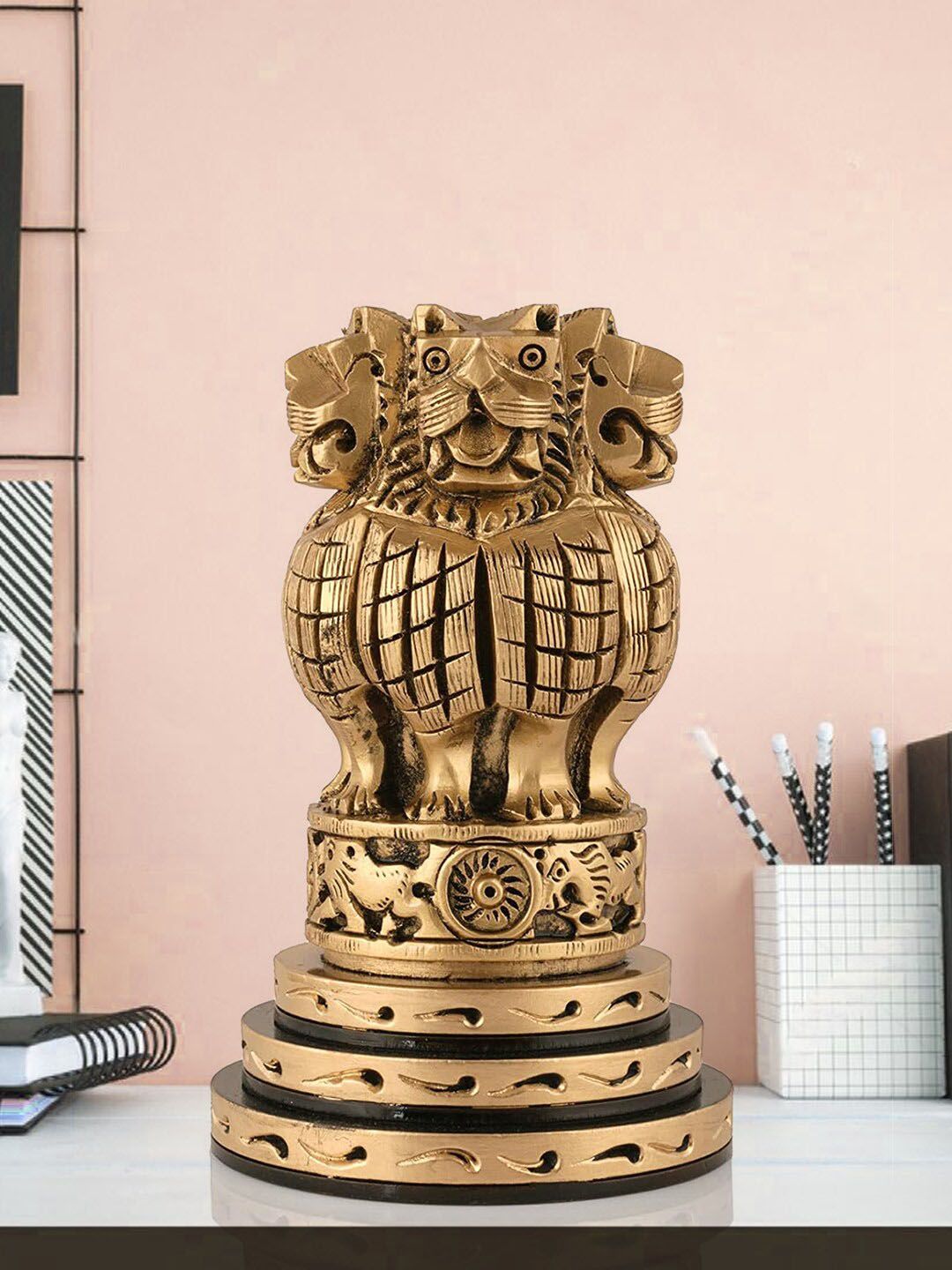 CraftVatika Metallic-Toned Textured Ashoka Stambh Wooden Showpiece Price in India