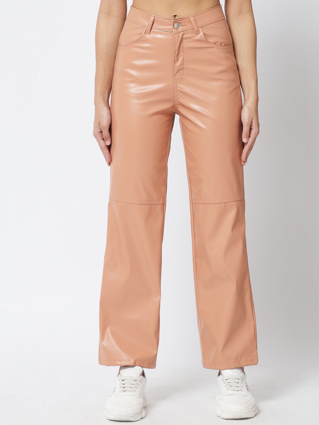 Kotty Women Beige Relaxed Straight Fit PU Leather Parallel Trousers Price in India