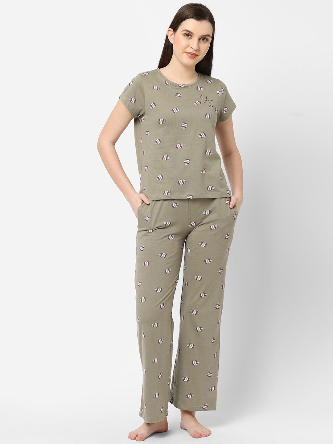 Sweet Dreams Women Olive Green & White Printed Night suit Price in India