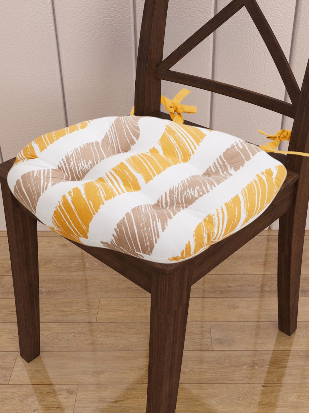Home Centre White & Yellow Striped Cotton Chair Pads Price in India