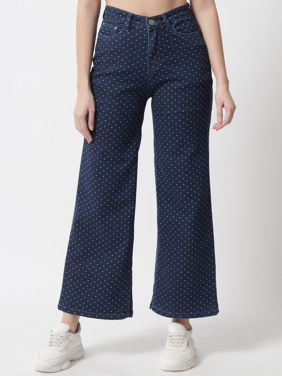 The Dry State Women Blue Wide Leg High-Rise Polka Printed Stretchable Jeans Price in India