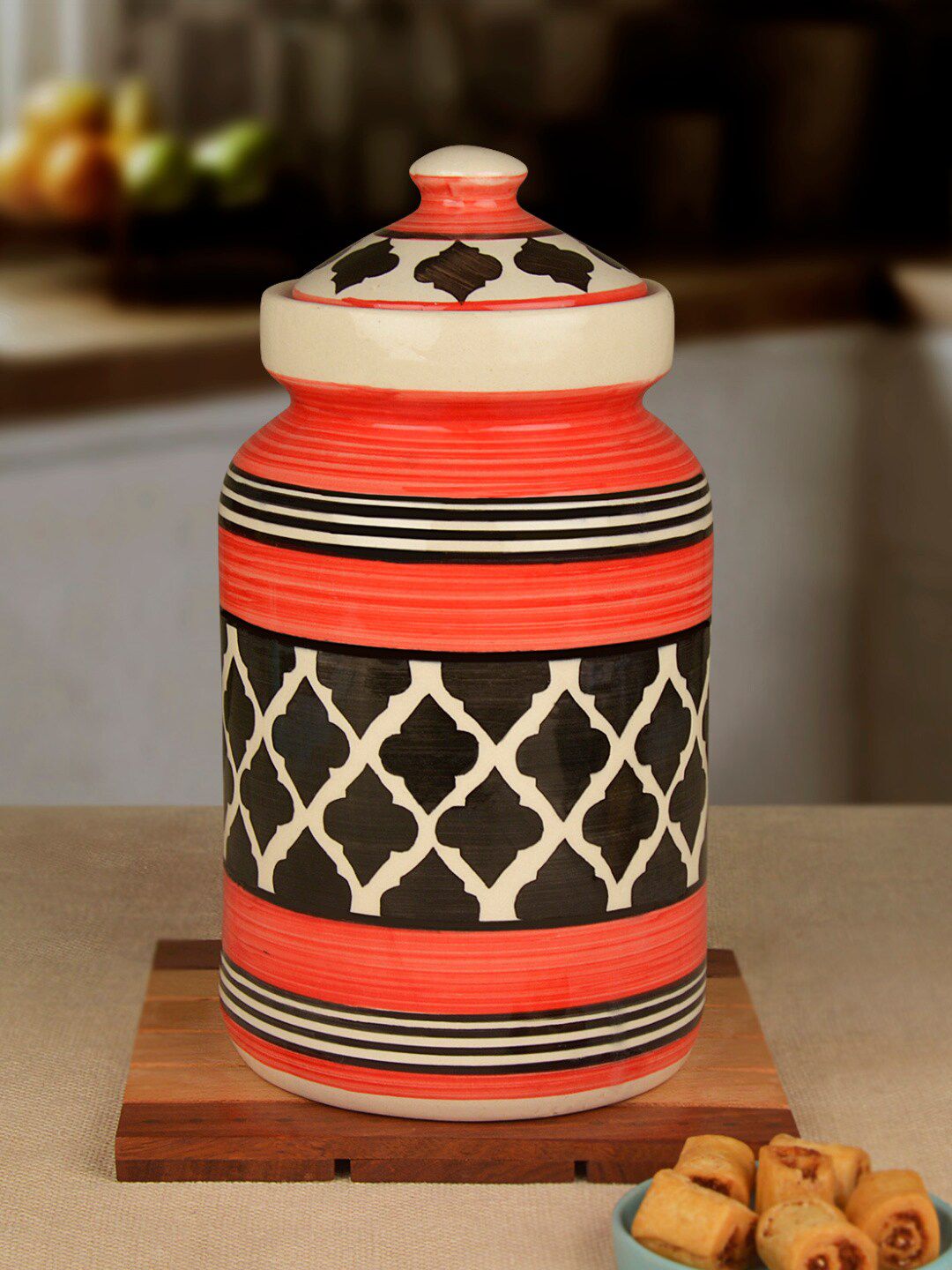 StyleMyWay Red & Black Hand-Painted Ceramic Jar With Lid Price in India