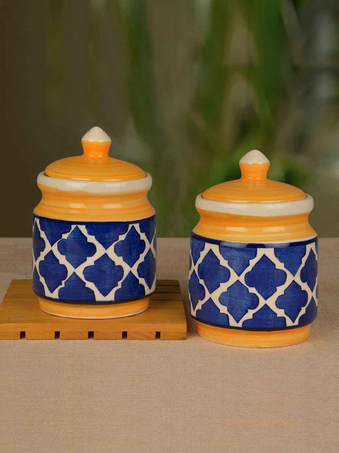 StyleMyWay Set of 2 Blue and Yellow Handpainted Ceramic Storage Jar Set with Lid Price in India