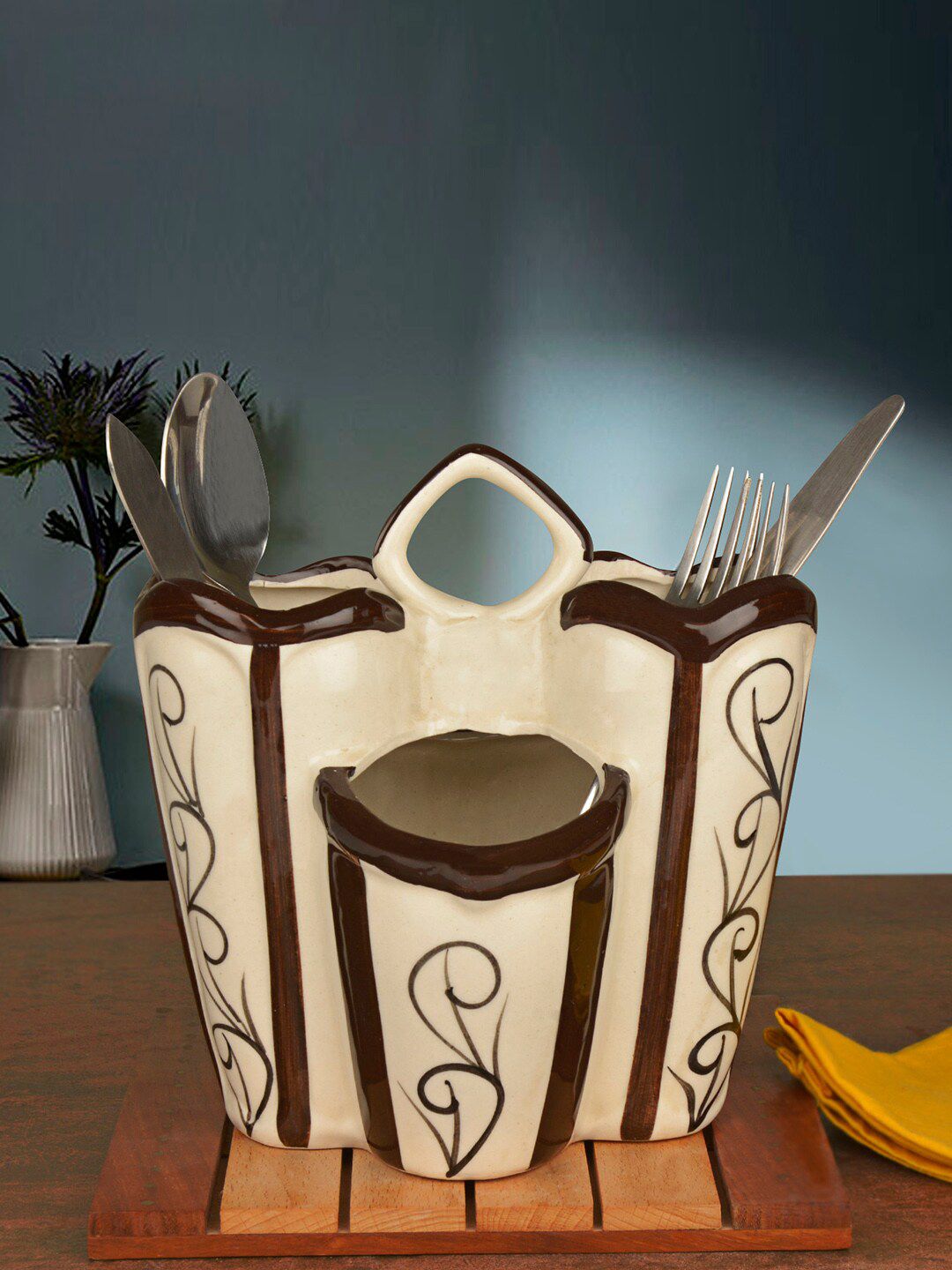 StyleMyWay White & Brown Ceramic Kitchen Cutlery Stand Price in India