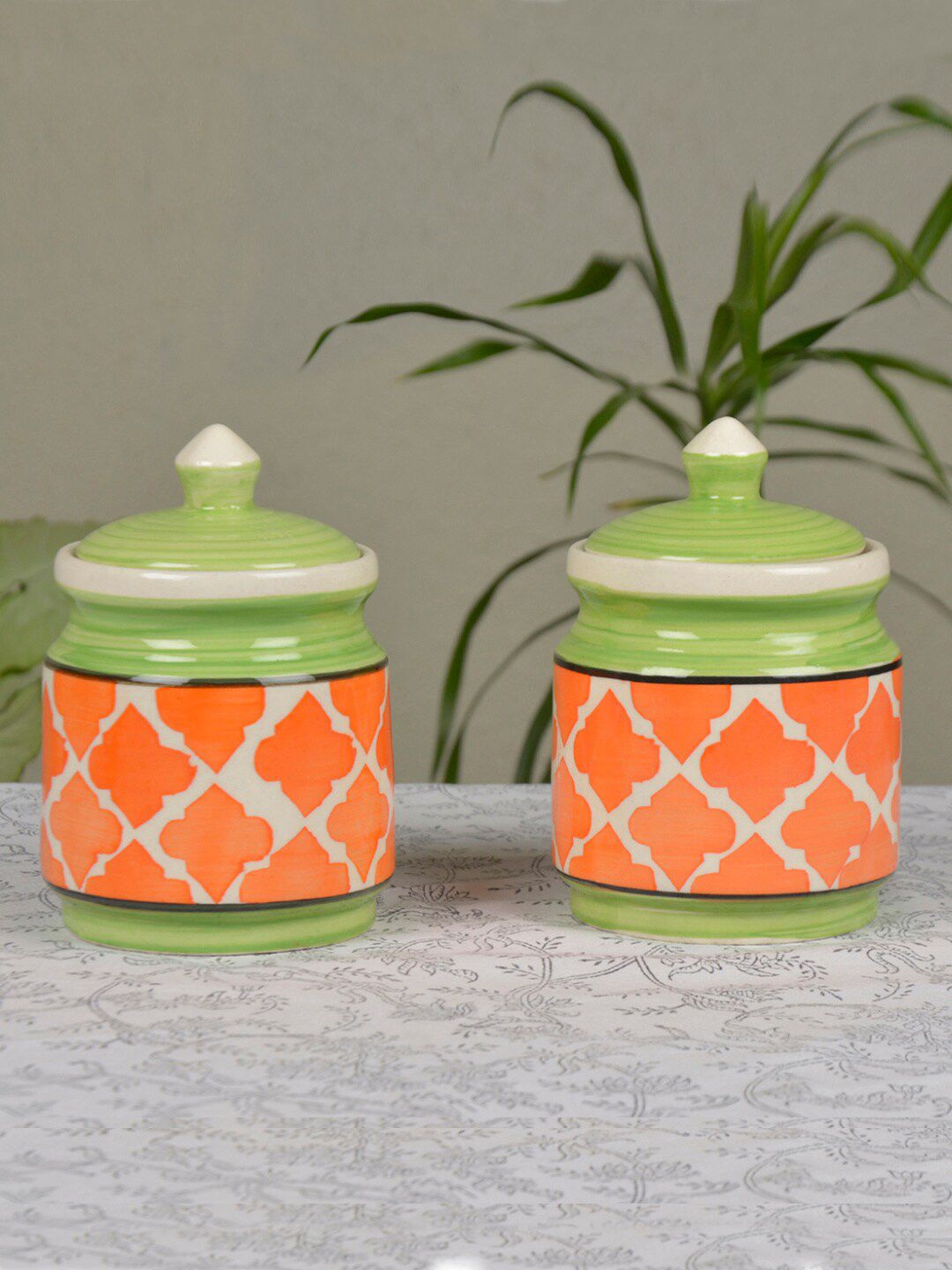 StyleMyWay Set of 2 Orange & Green Handpainted Ceremic Jar With Lid Price in India
