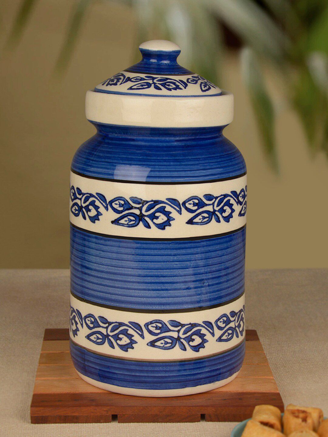 StyleMyWay Blue & White Handpainted Ceramic Jar with Lid Price in India