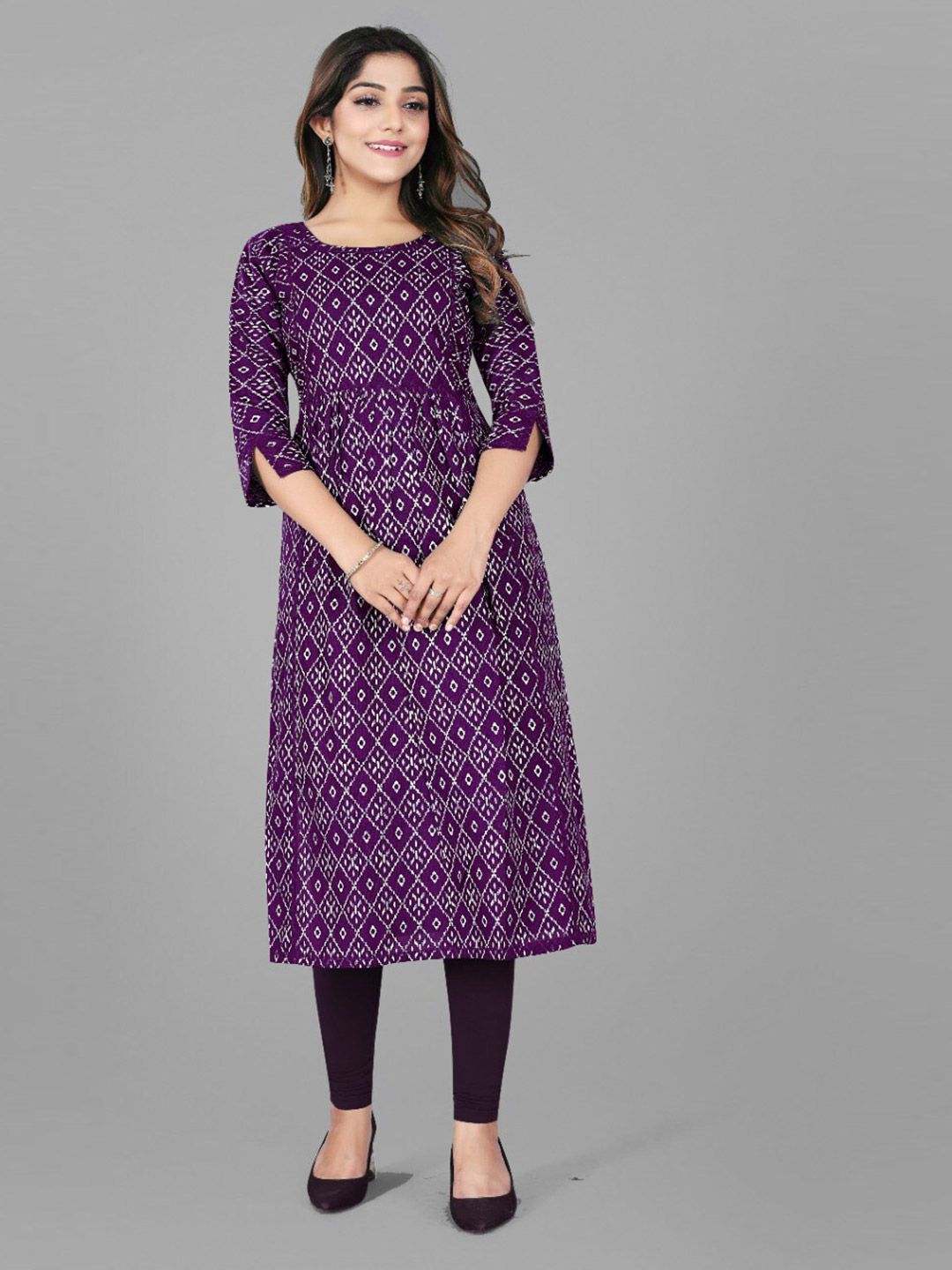 Fashion FRICKS Women Purple Ethnic Motifs Printed Cotton Kurta Price in India