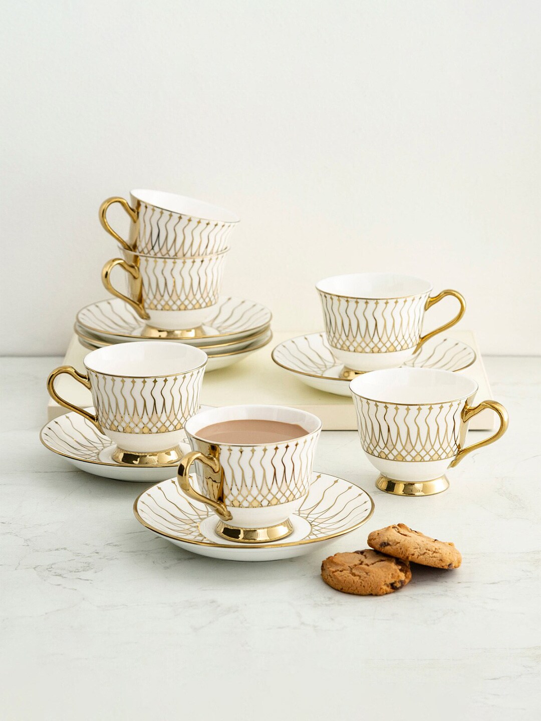 Home Centre White & Gold Set of 6 Geometric Printed Bone China Glossy 170 ml Cups & Saucer Price in India