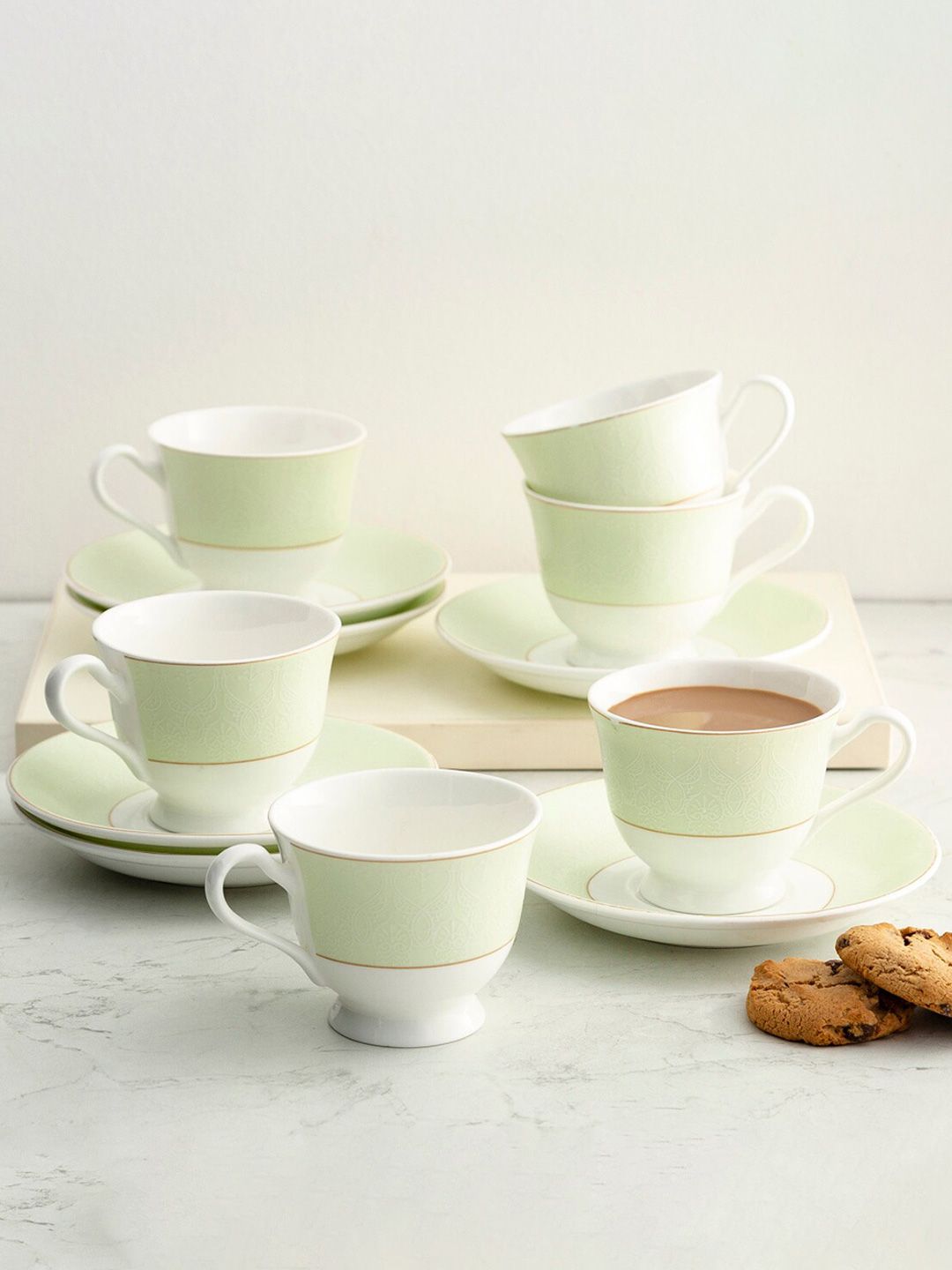 Home Centre White & Green Set of 6 Printed Bone China Glossy Cups and Saucers Set Price in India