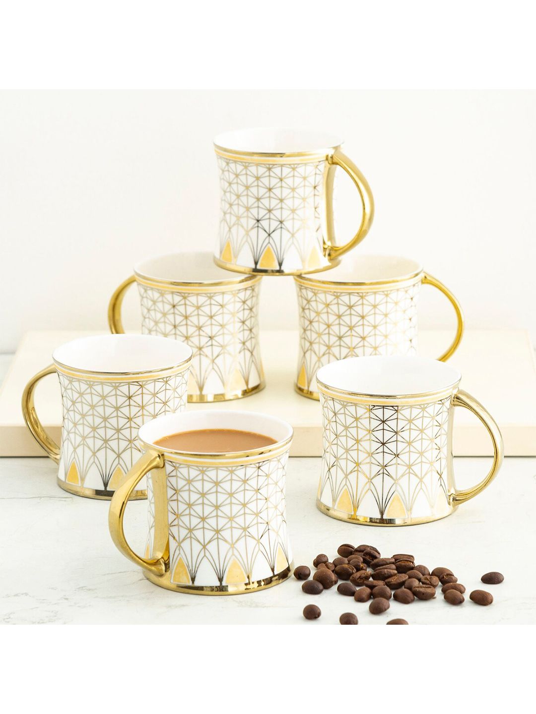 Home Centre White & Gold-Toned Geometric Printed Bone China Matte Mugs Set Price in India