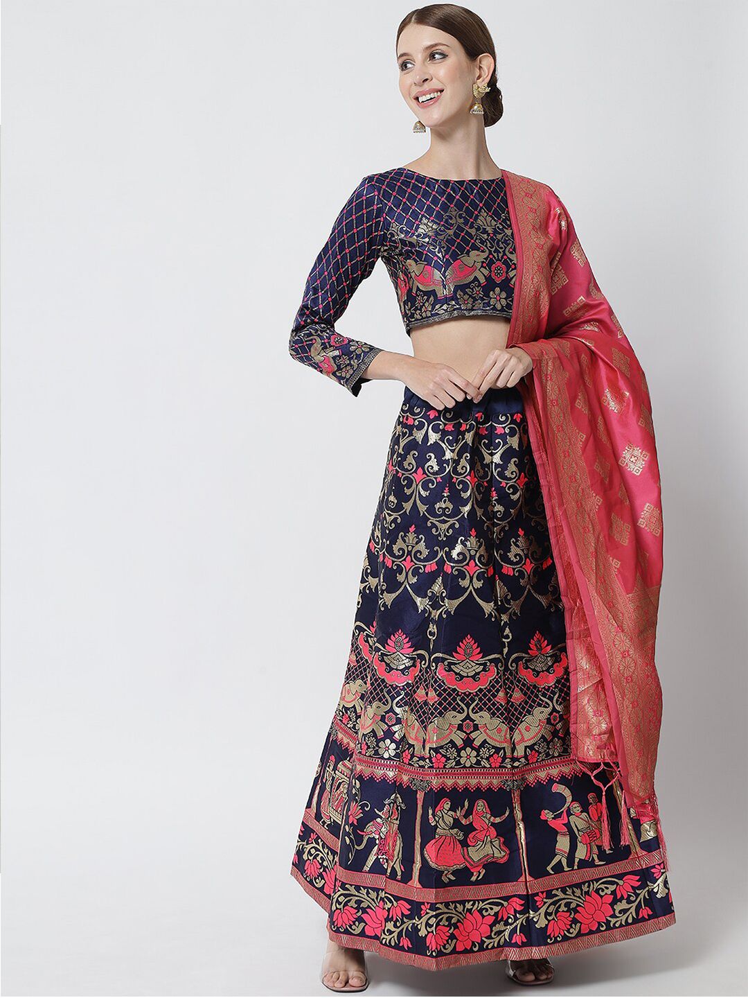 DIVASTRI Pink & Navy Blue Printed Ready to Wear Lehenga & Unstitched Blouse With Dupatta Price in India