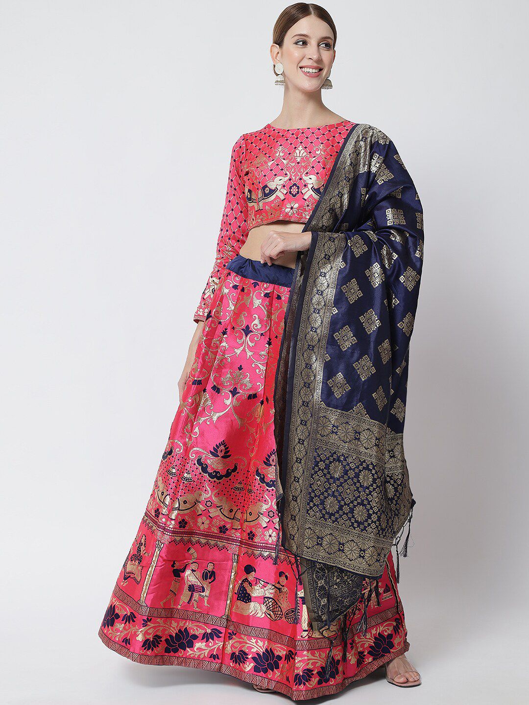 DIVASTRI Pink & Blue Banarasi Ready to Wear Lehenga & Unstitched Blouse With Dupatta Price in India