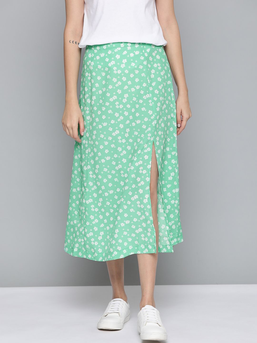 Mast & Harbour Women Sea Green & White Floral Printed A-Line Front Slit Skirt