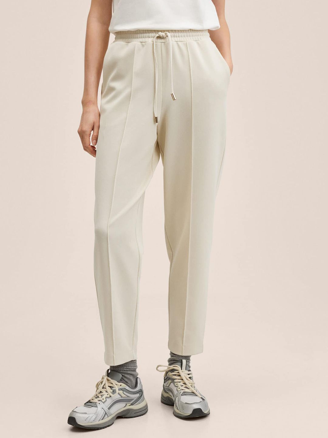 MANGO Women Off White Solid Trousers Price in India