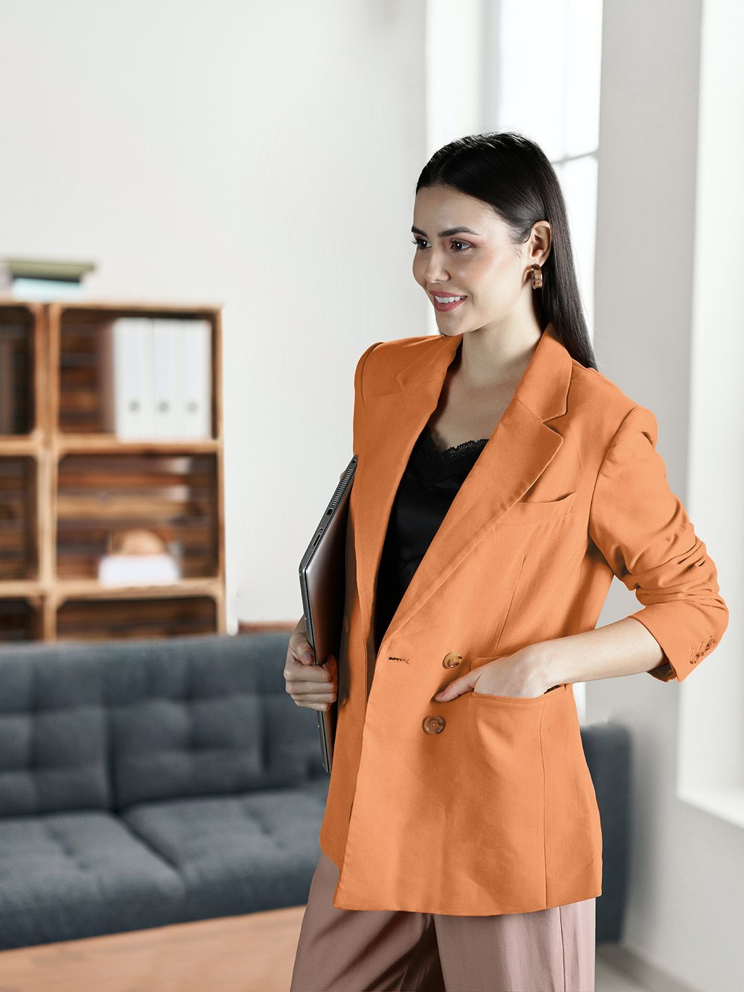 MANGO Women Orange Solid Double-Breasted Blazer Price in India