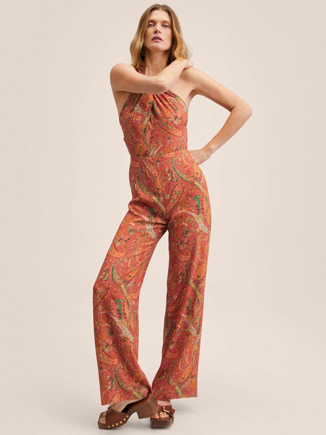 MANGO Red & Green Halter Neck Paisley Printed Basic Jumpsuit Price in India