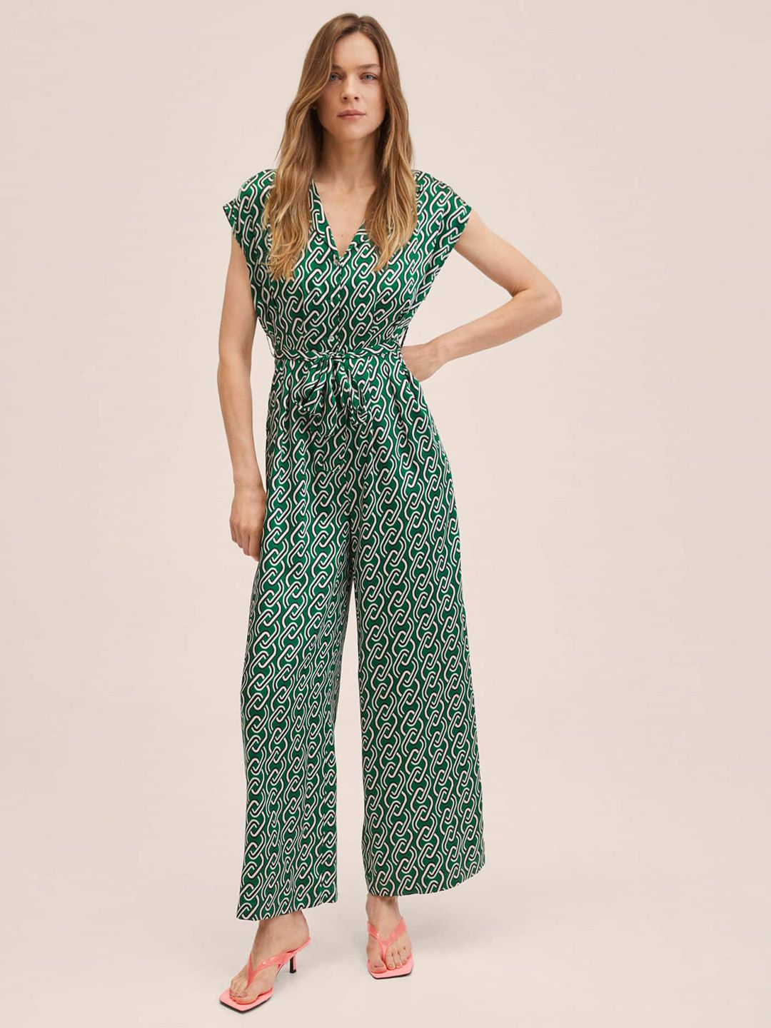 MANGO Green & Off White Printed Basic Jumpsuit with Belt Price in India