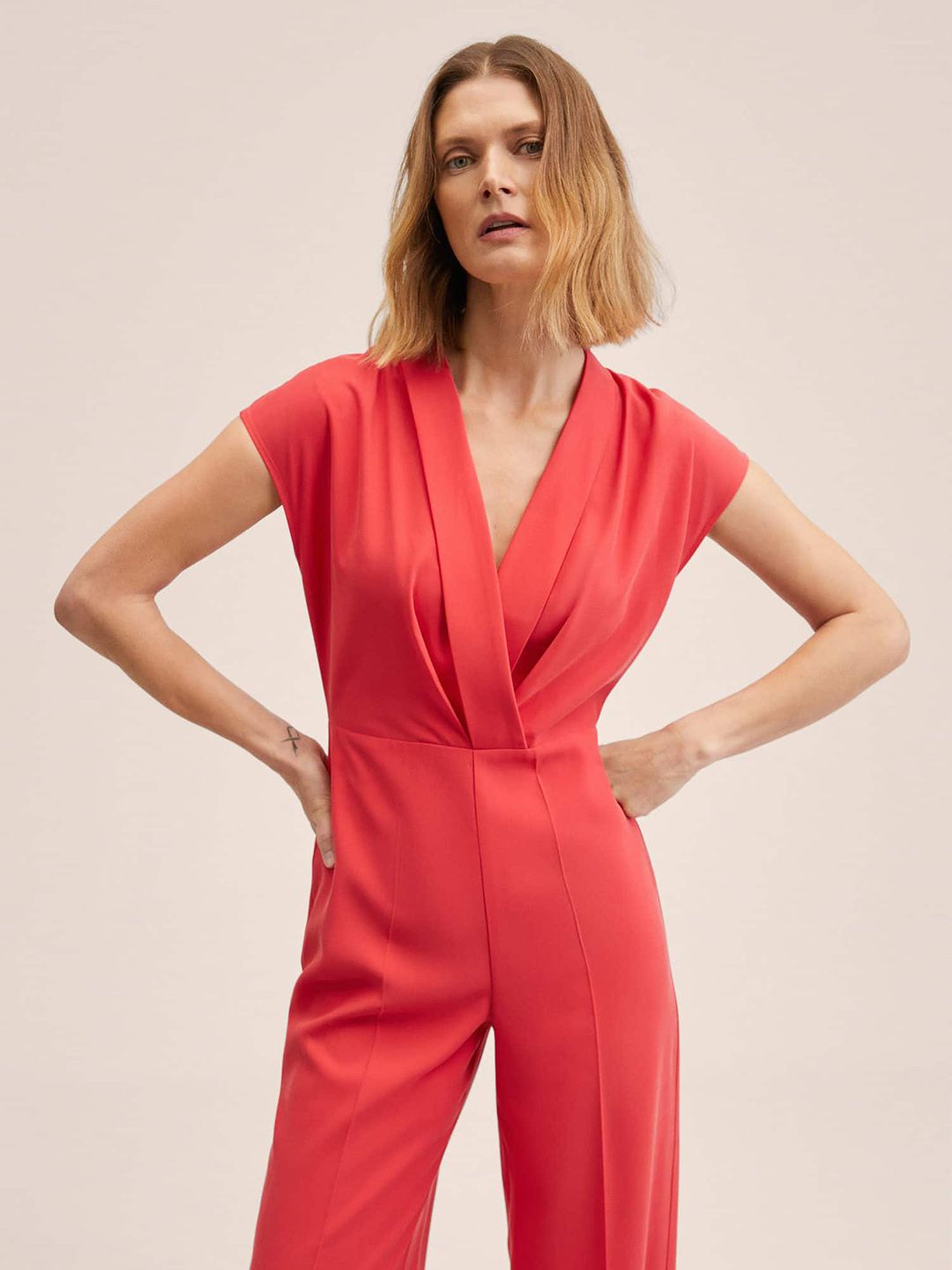 MANGO Red Solid Wrap Basic Jumpsuit Price in India