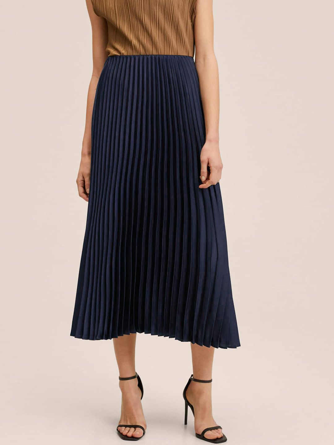 MANGO Women Navy Blue Solid Pleated Midi Skirt Price in India