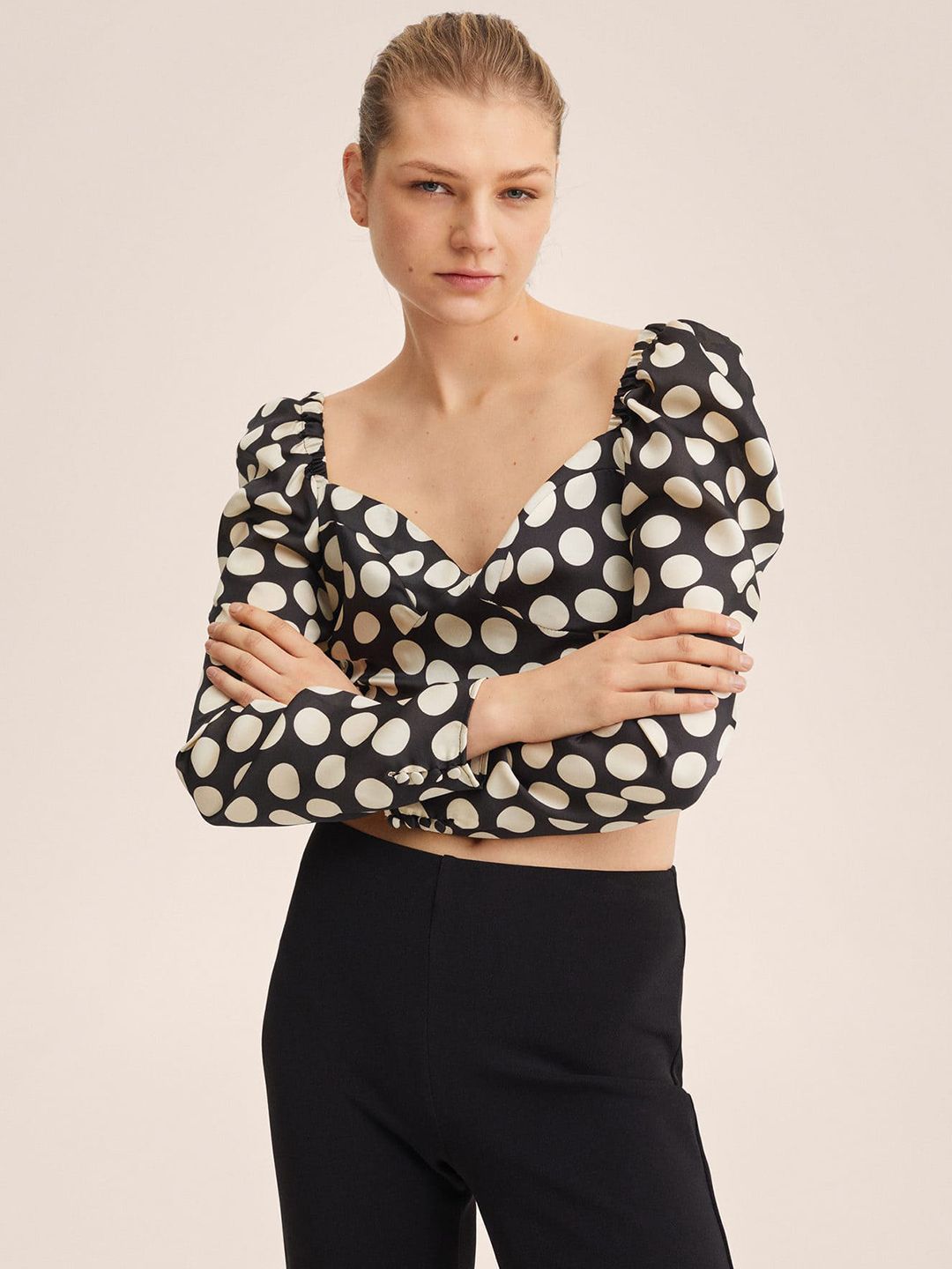 MANGO Black & Off White Polka Dots Print Sweetheart Neck Crop Top
