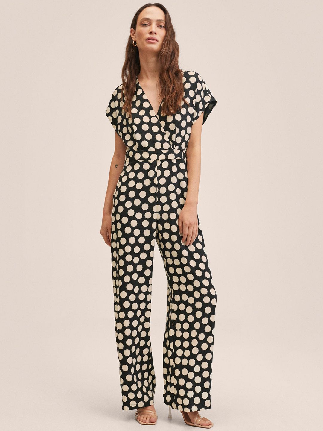 MANGO Black & Off White Polka Dots Printed Basic Jumpsuit Price in India