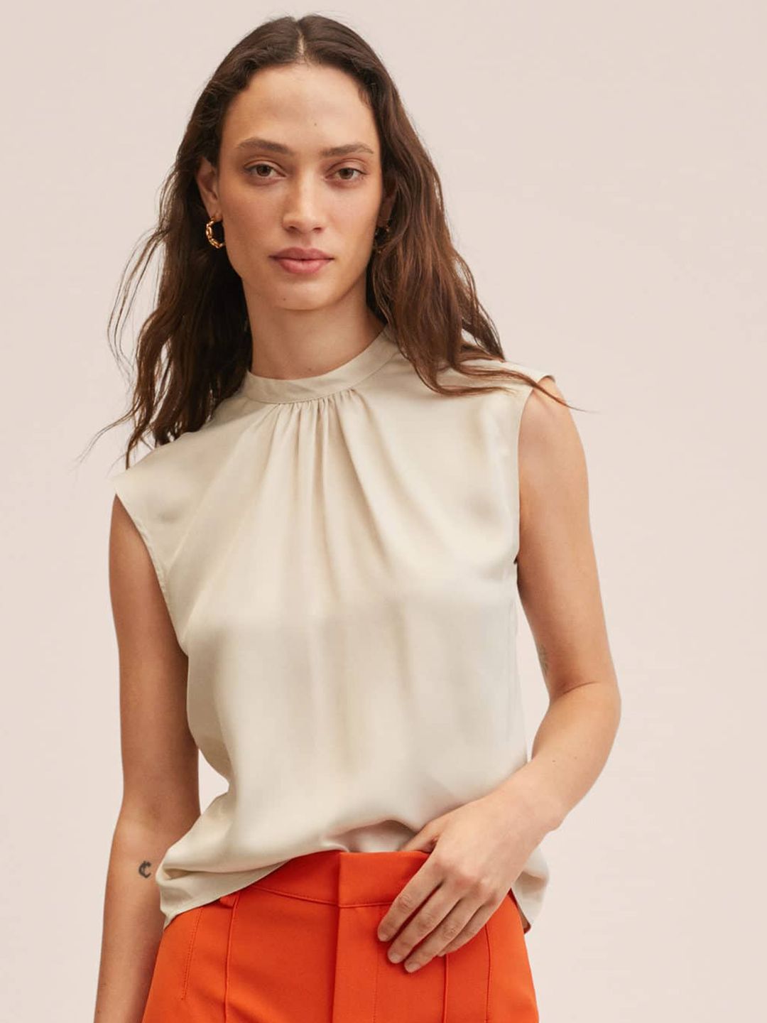 MANGO Off White Satin Finish Extended Sleeves Top
