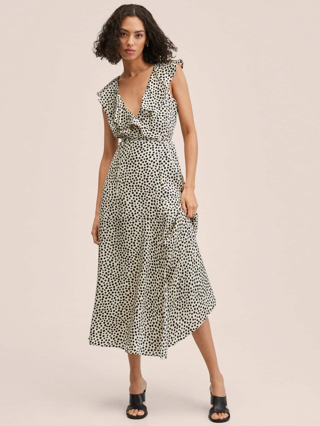 MANGO Women White & Black Polka Dots Print Ruffles Waist Tie-Up Midi Wrap Dress Price in India