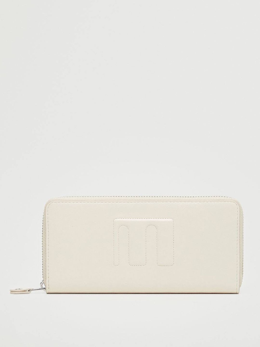 MANGO Women Off White Solid Brand Logo Embossed Zip Around Wallet Price in India