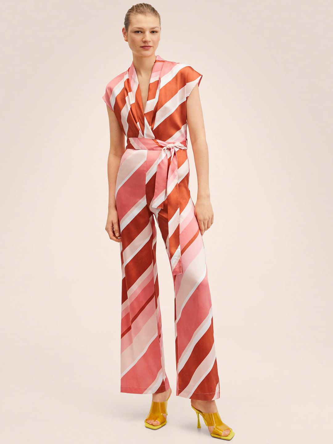 MANGO Pink & White Striped Satin Basic Jumpsuit Price in India