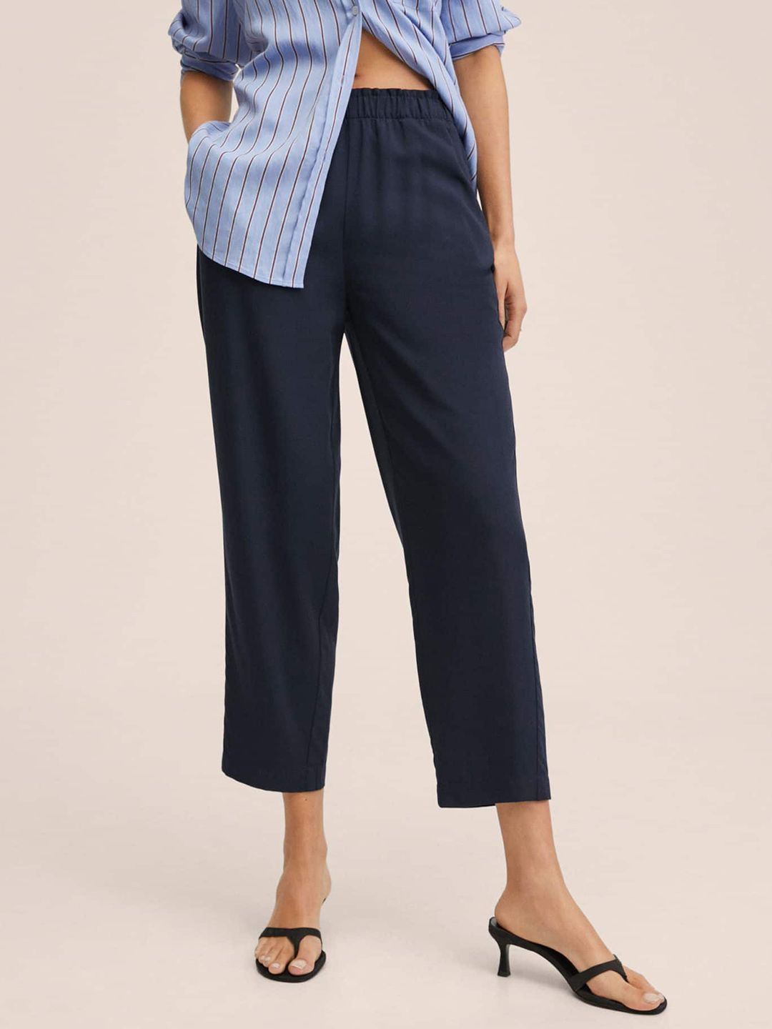 MANGO Women Navy Blue Solid Cropped Trousers Price in India