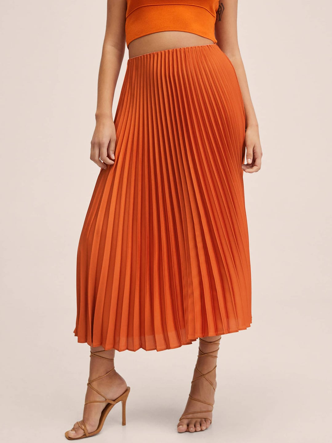 MANGO Women Rust Orange Solid Accordion Pleated Midi A-Line Skirt Price in India