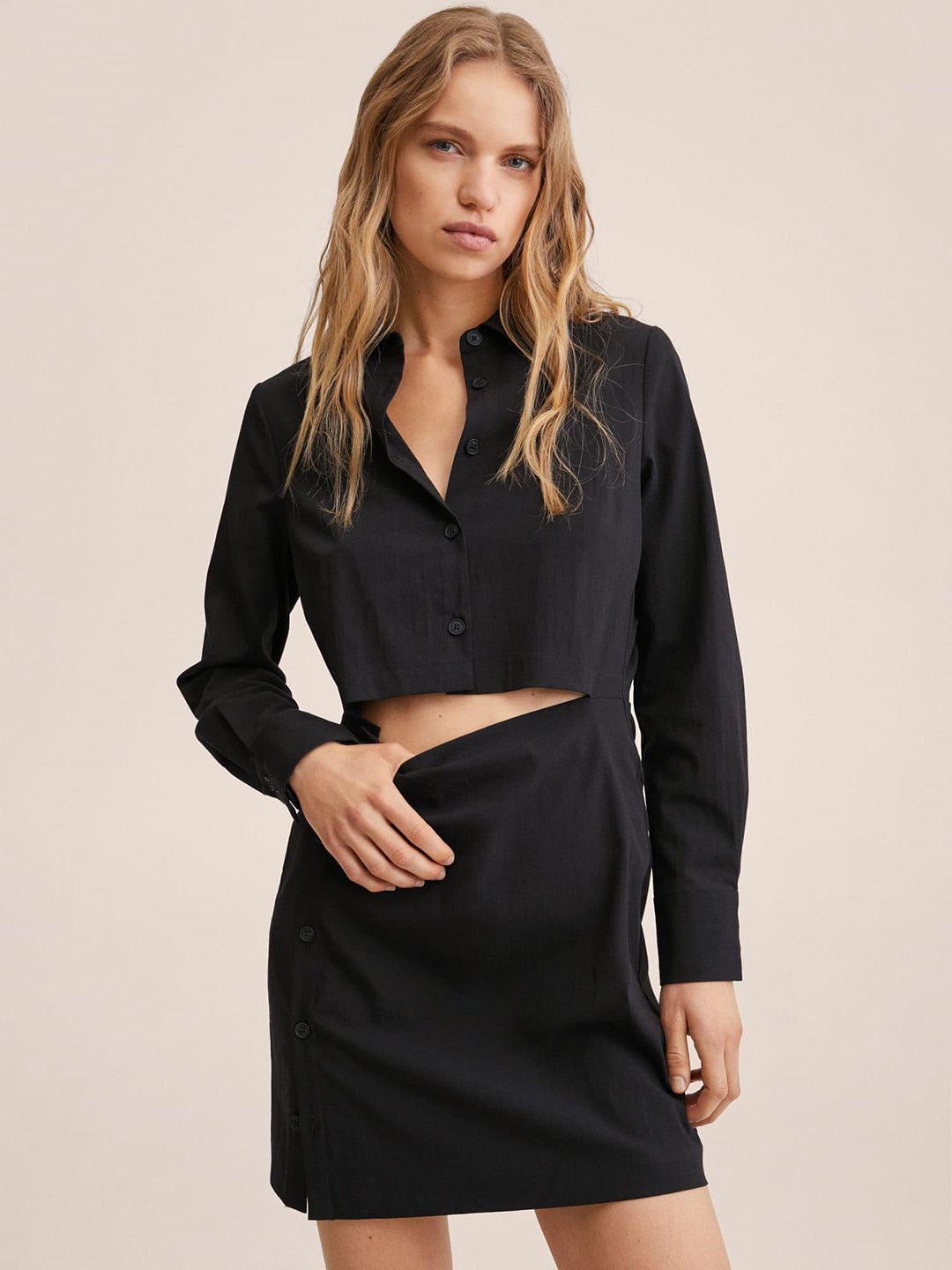 MANGO Black Solid Cut-Out Shirt Mini Dress Price in India