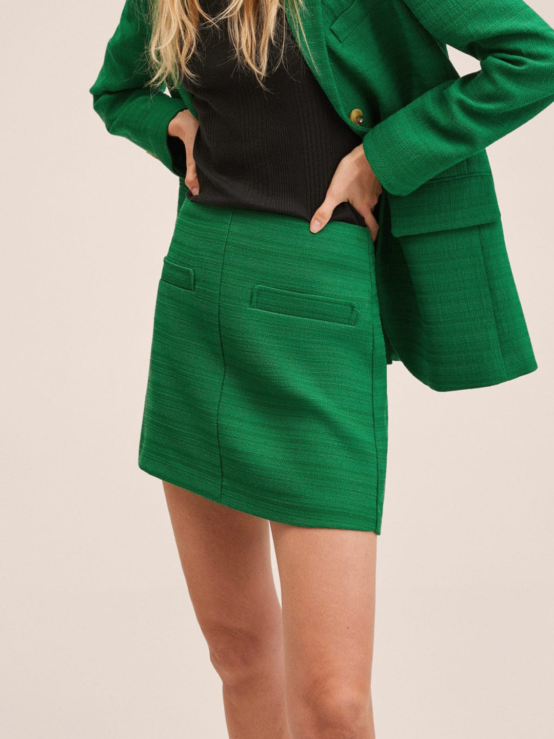 MANGO Green Solid Tweed Straight Mini Skirt Price in India