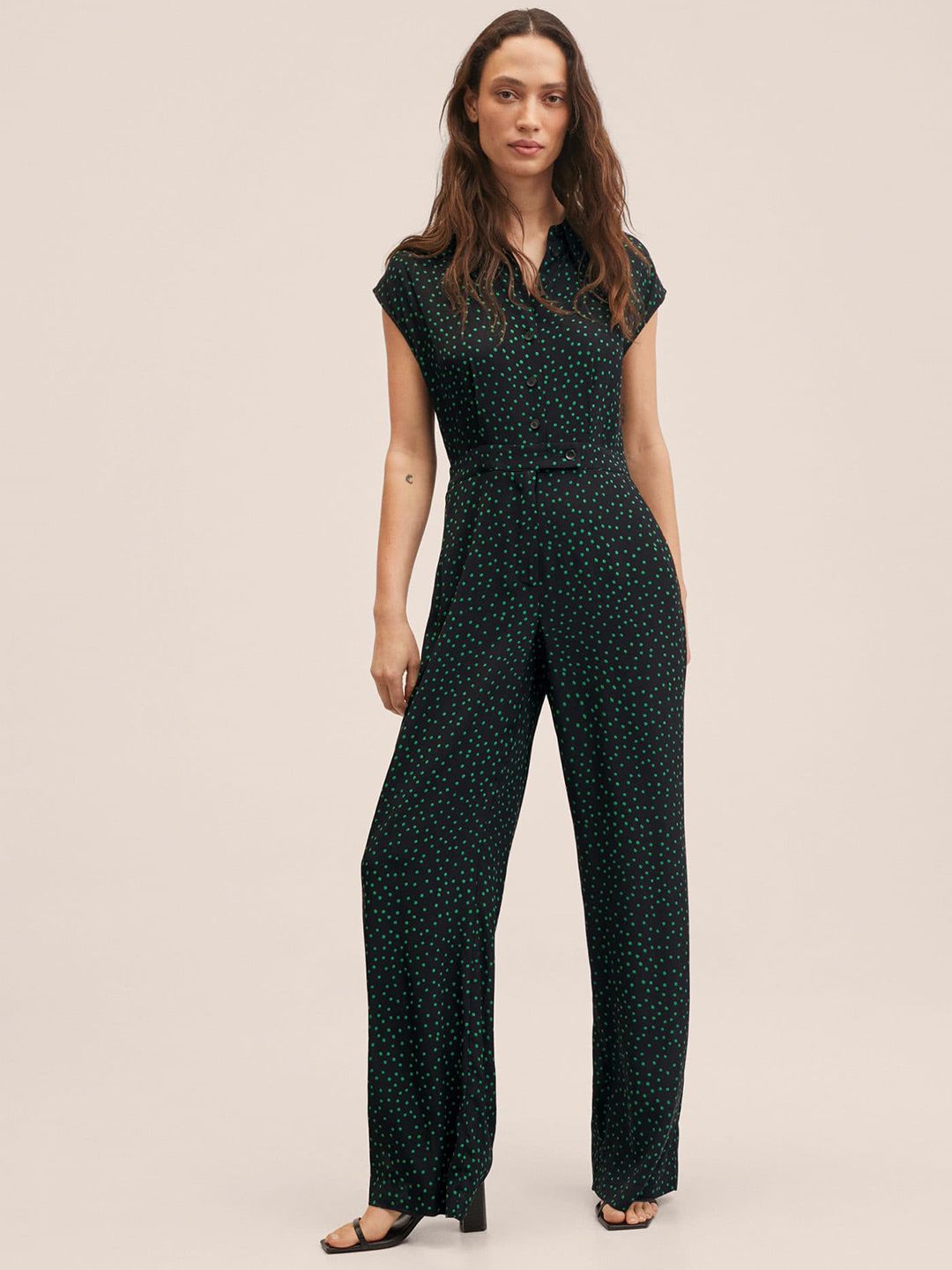 MANGO Navy Blue & Green Printed Basic Jumpsuit Price in India