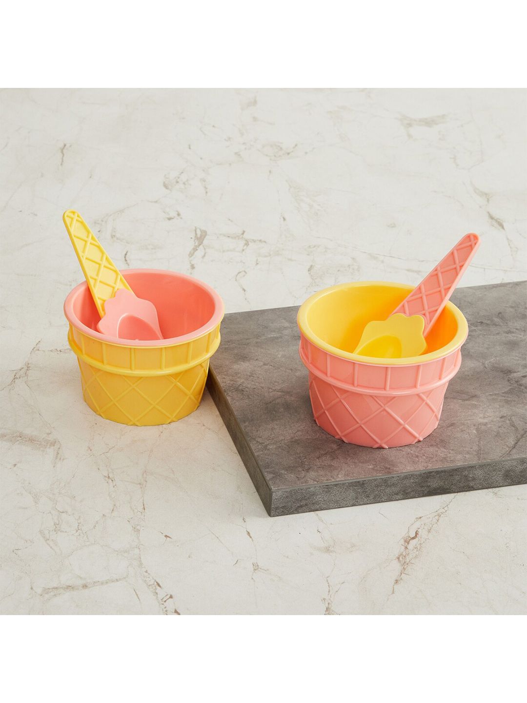 Home Centre Pink & Yellow 2 Pieces Plastic Ice-Cream Cups with Spoon Price in India