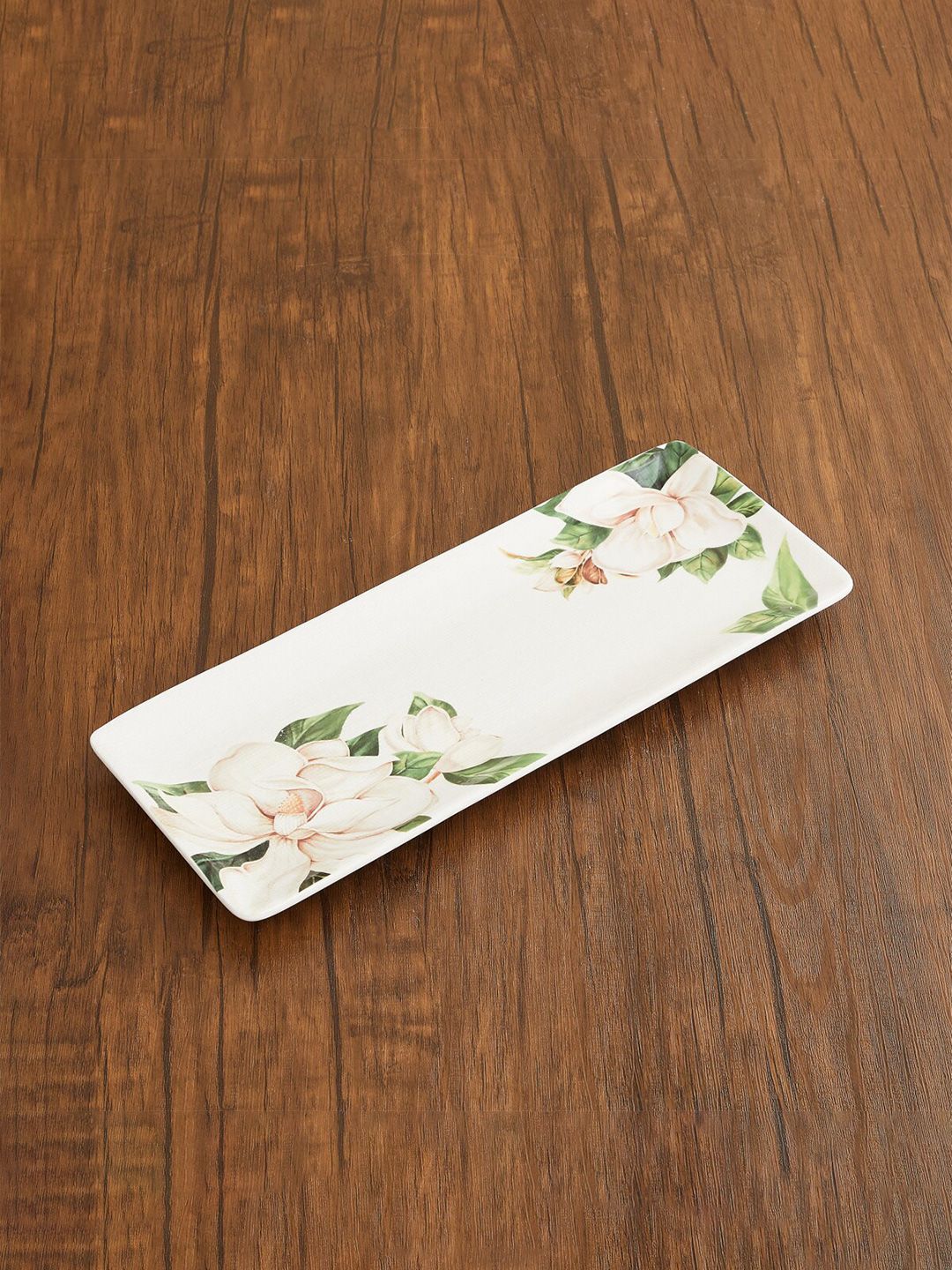 Home Centre White & Green Floral Printed Stoneware Glossy Tray Price in India