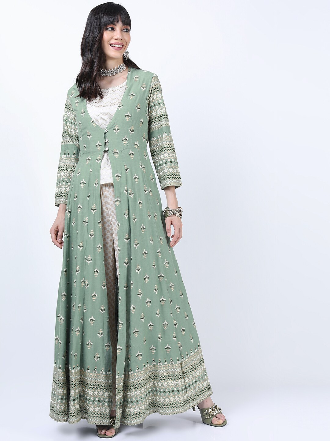 Vishudh Women Green Floral Longline Ethnic Jacket Price in India