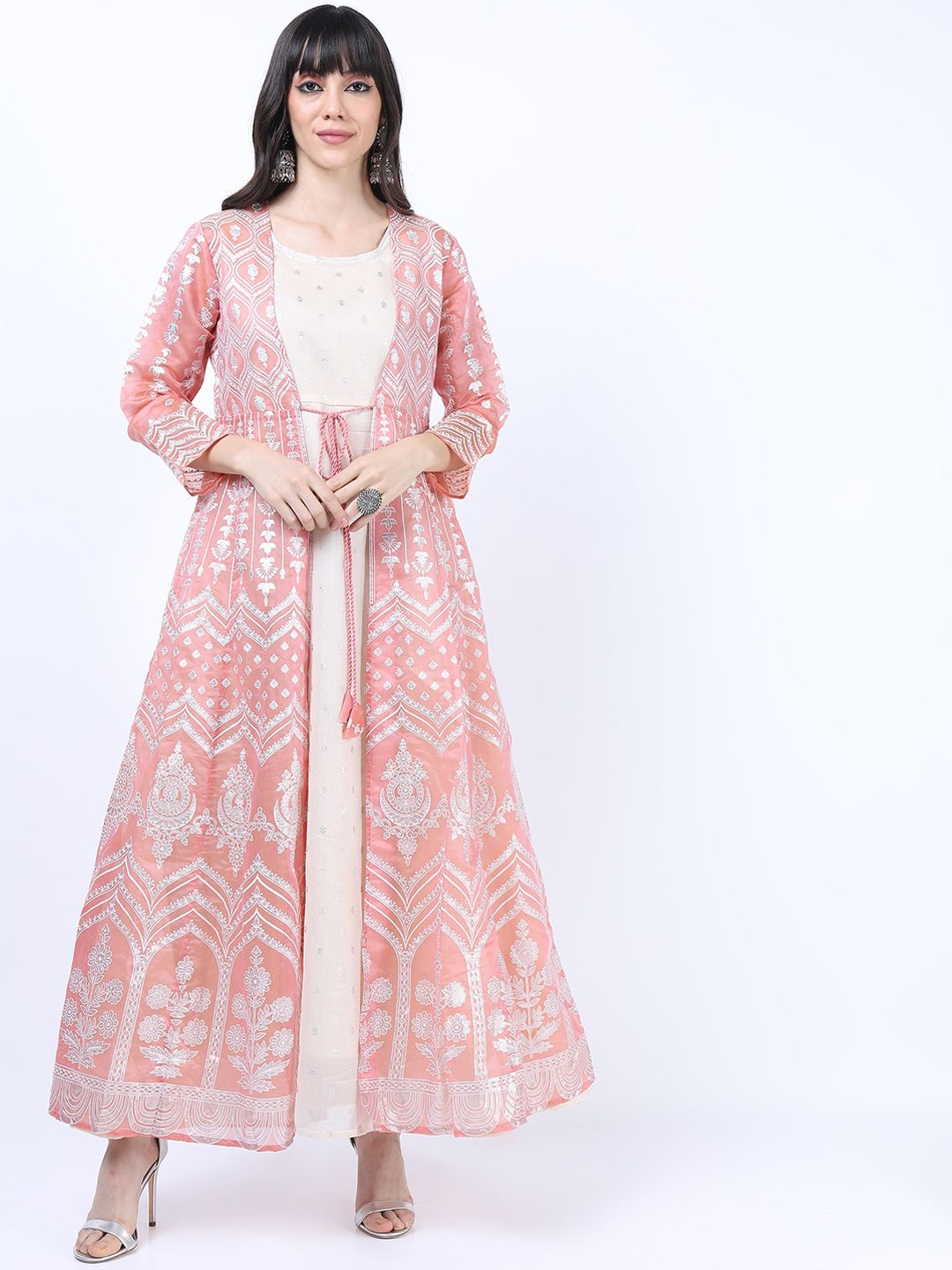 Vishudh Women Peach-Coloured Silver-Coloured Ethnic Motifs Longline Open Front Jacket Price in India