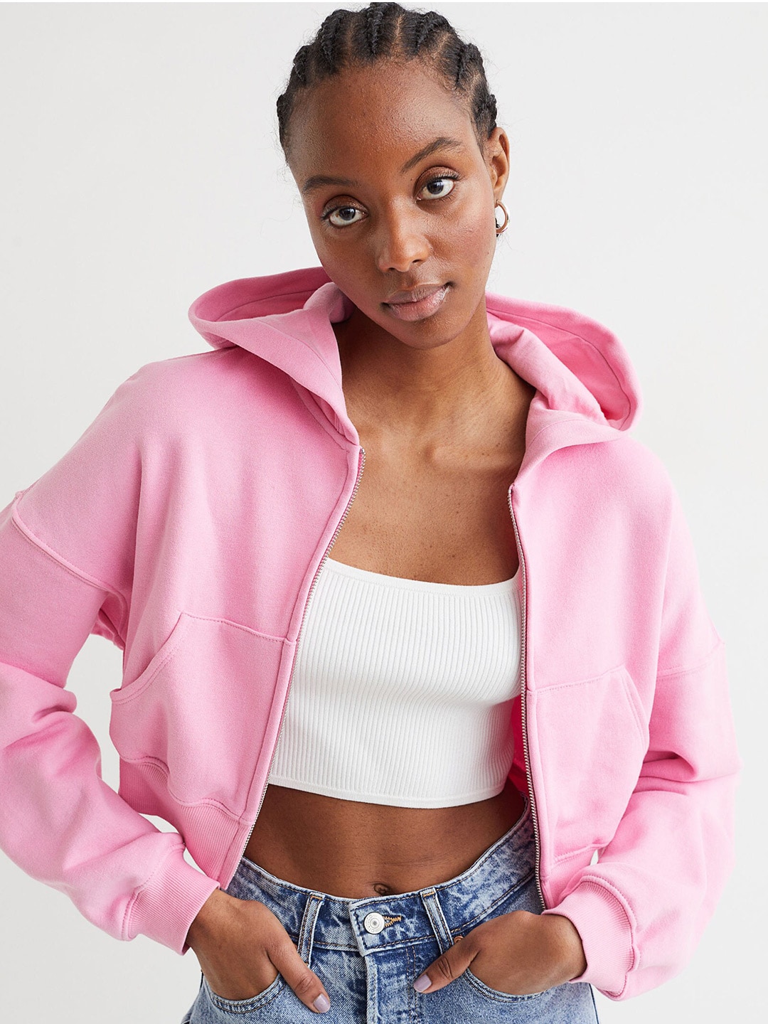 H&M Women Pink Cropped Zip-Through Hoodie Price in India