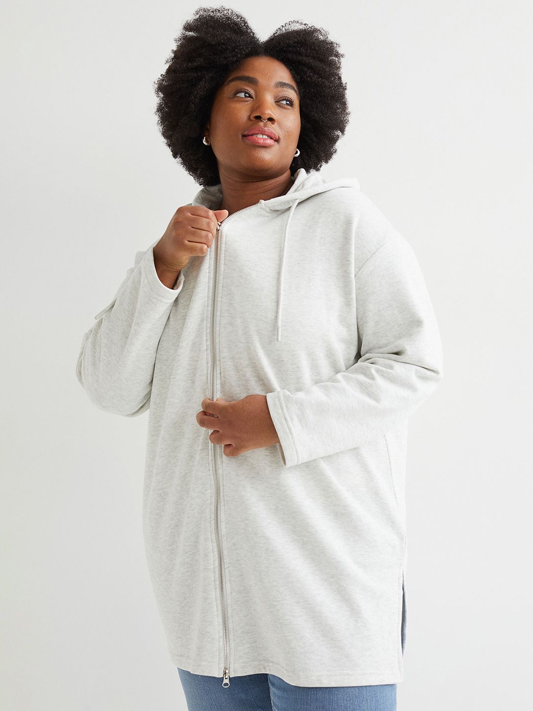 H&M Women Plus Size Grey Solid Long Zip-Through Hoodie Price in India