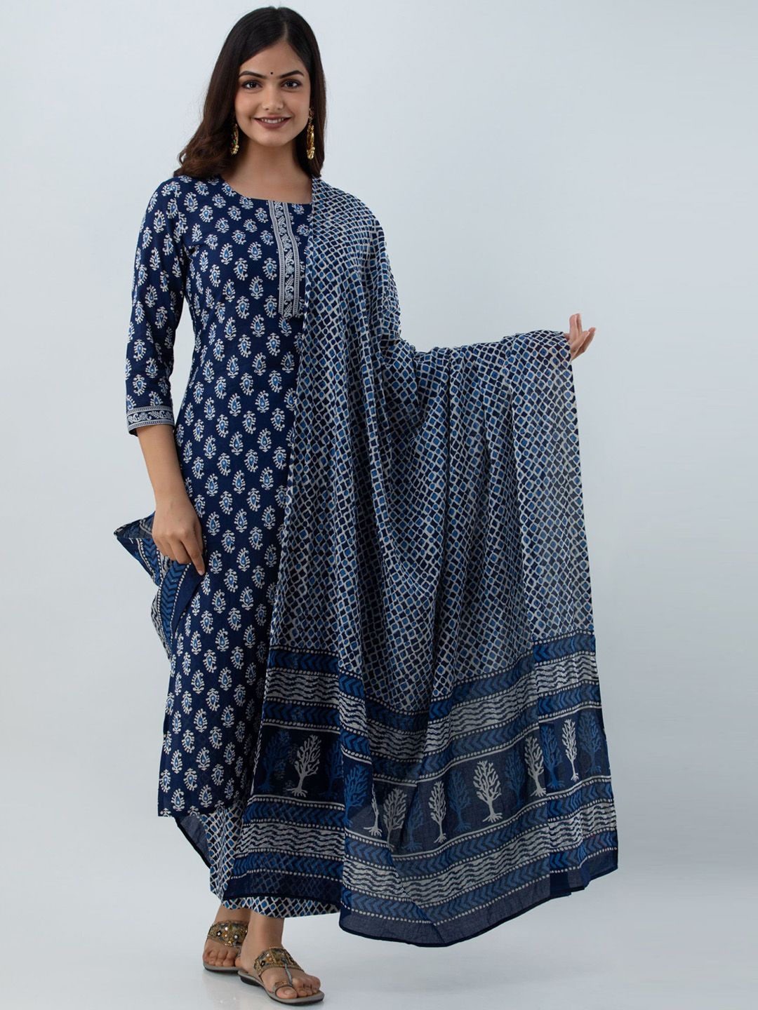 GULMOHAR JAIPUR Blue Ethnic Motifs Printed Pure Cotton Kurta with Trousers & With Dupatta