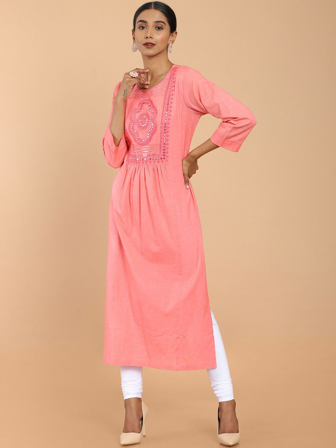 Soch Pink Embellished Yoke Design Thread Work Cotton Kurta Price in India