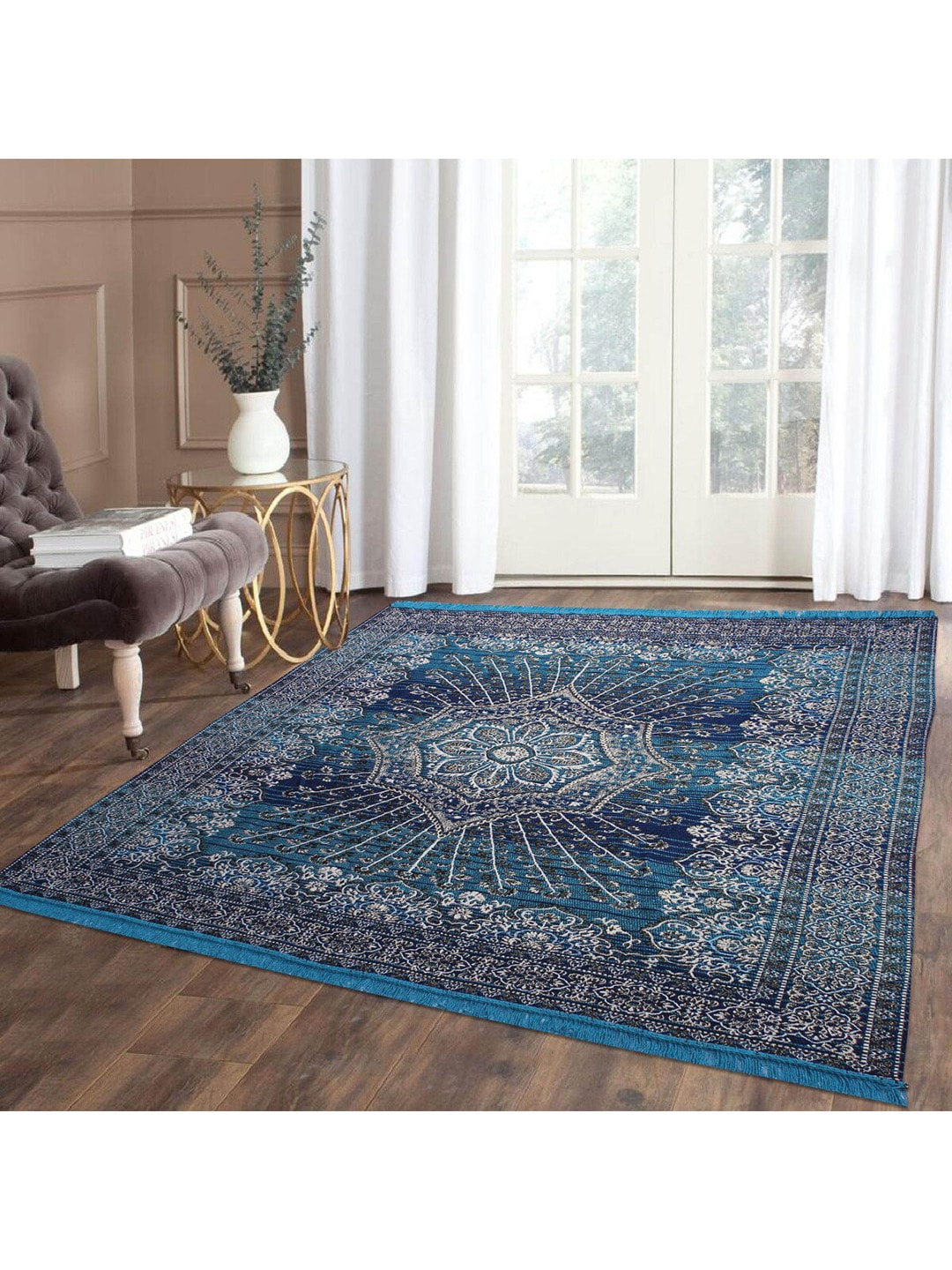 Home Centre Teal Blue & White Ethnic Motifs Corsica Classic Textured Jacquard Carpet Price in India