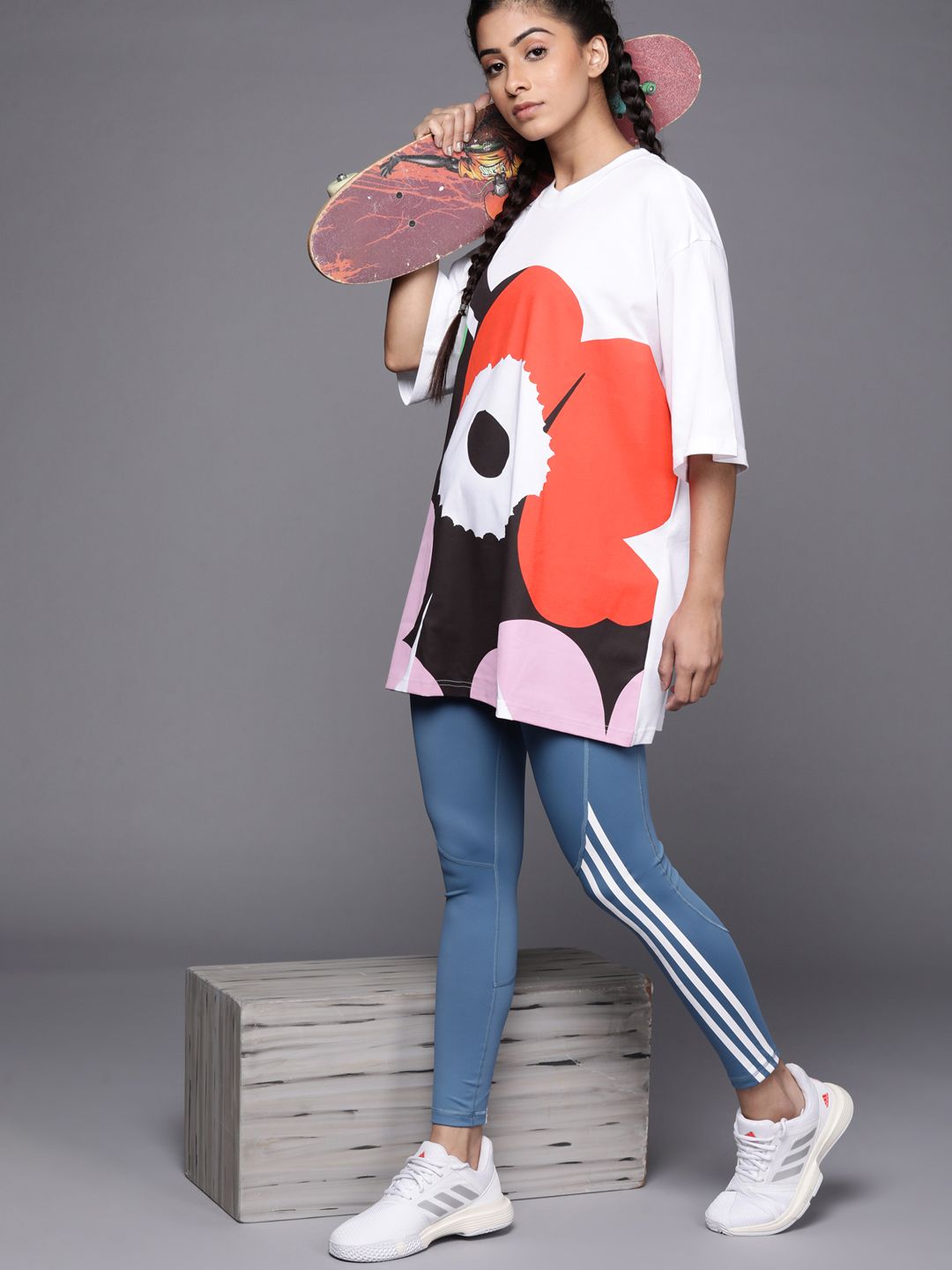 ADIDAS X MARIMEKKO Women White & Orange Marimekko Graphic Printed T-Shirt Price in India