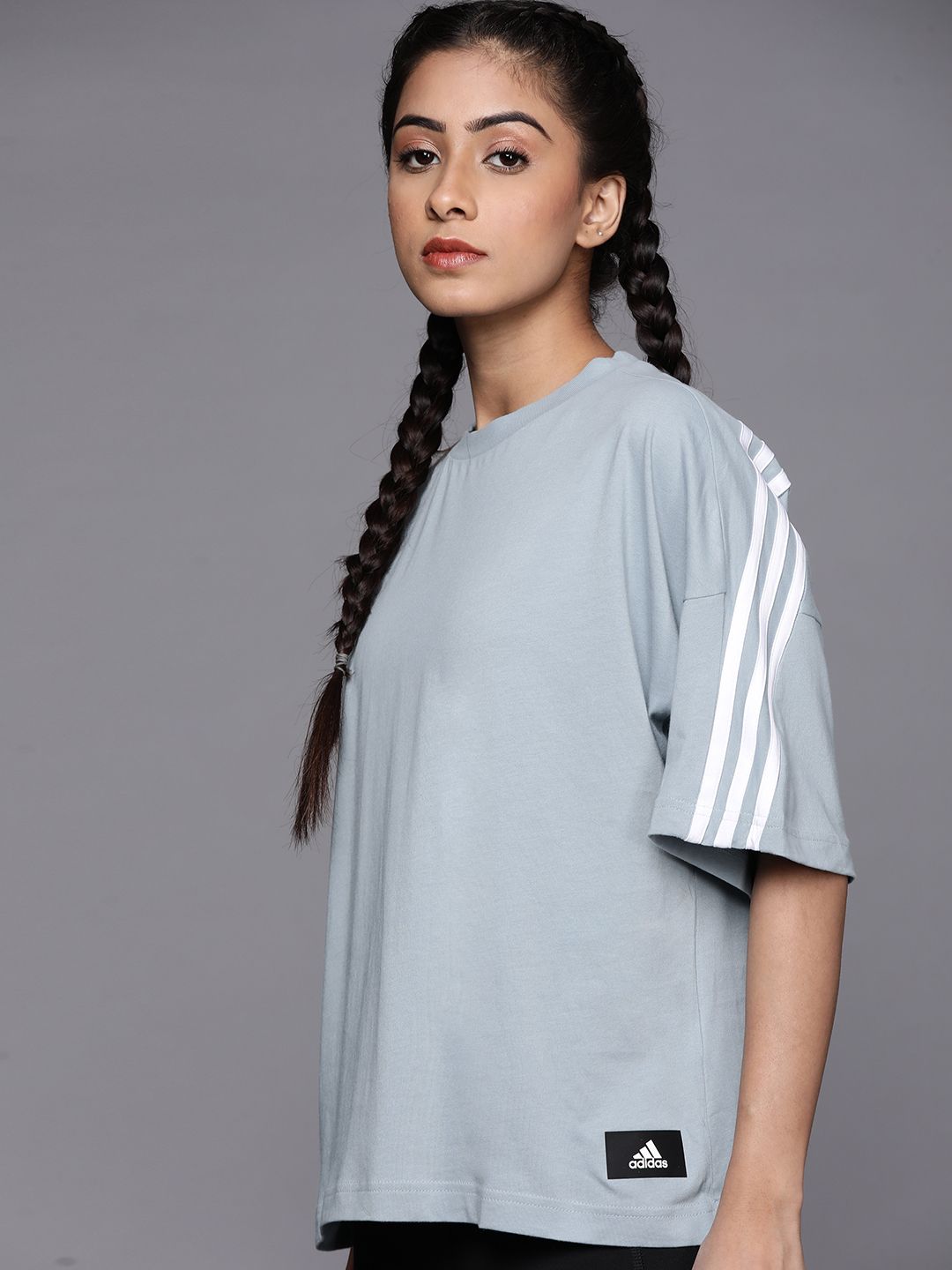 ADIDAS Women Blue FI 3S Solid Loose Fit Pure Cotton T-shirt Price in India