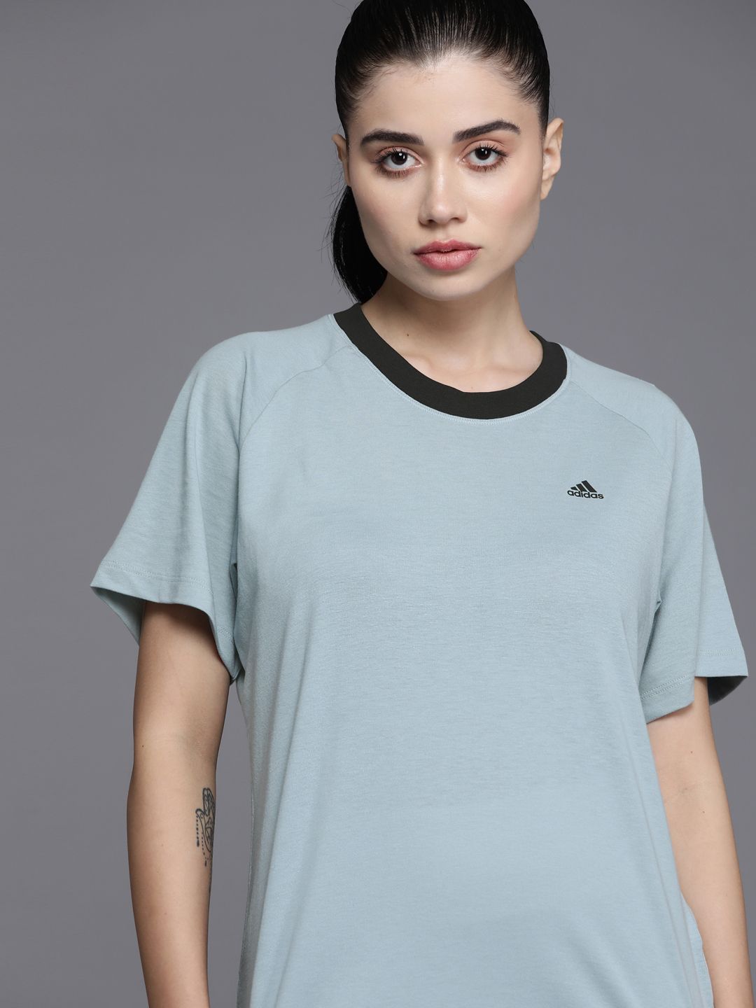 ADIDAS Women Grey With A Tinge Of Blue Solid T-shirt Price in India